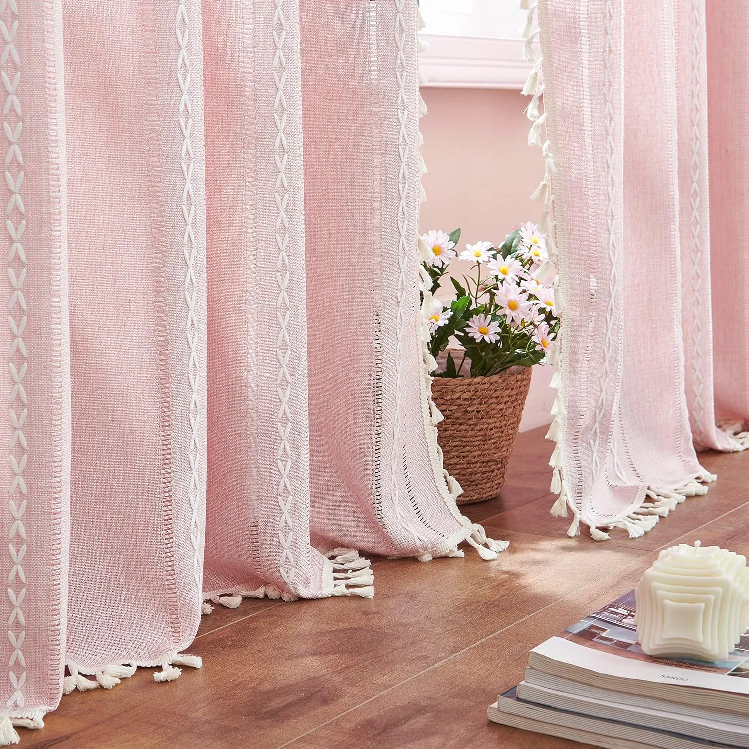 Linen Boho Curtains Cute Embroidered Pink Curtains for Girls Bedroom Nursery Room 84 Inches Long 2 Panels Light filtering Farmhouse Curtains for Living Room Rod Pocket Drapes (52" W x 84" L,Pink)