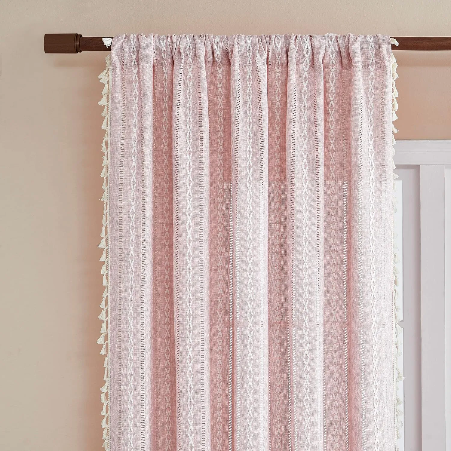 Linen Boho Curtains Cute Embroidered Pink Curtains for Girls Bedroom Nursery Room 84 Inches Long 2 Panels Light filtering Farmhouse Curtains for Living Room Rod Pocket Drapes (52" W x 84" L,Pink)