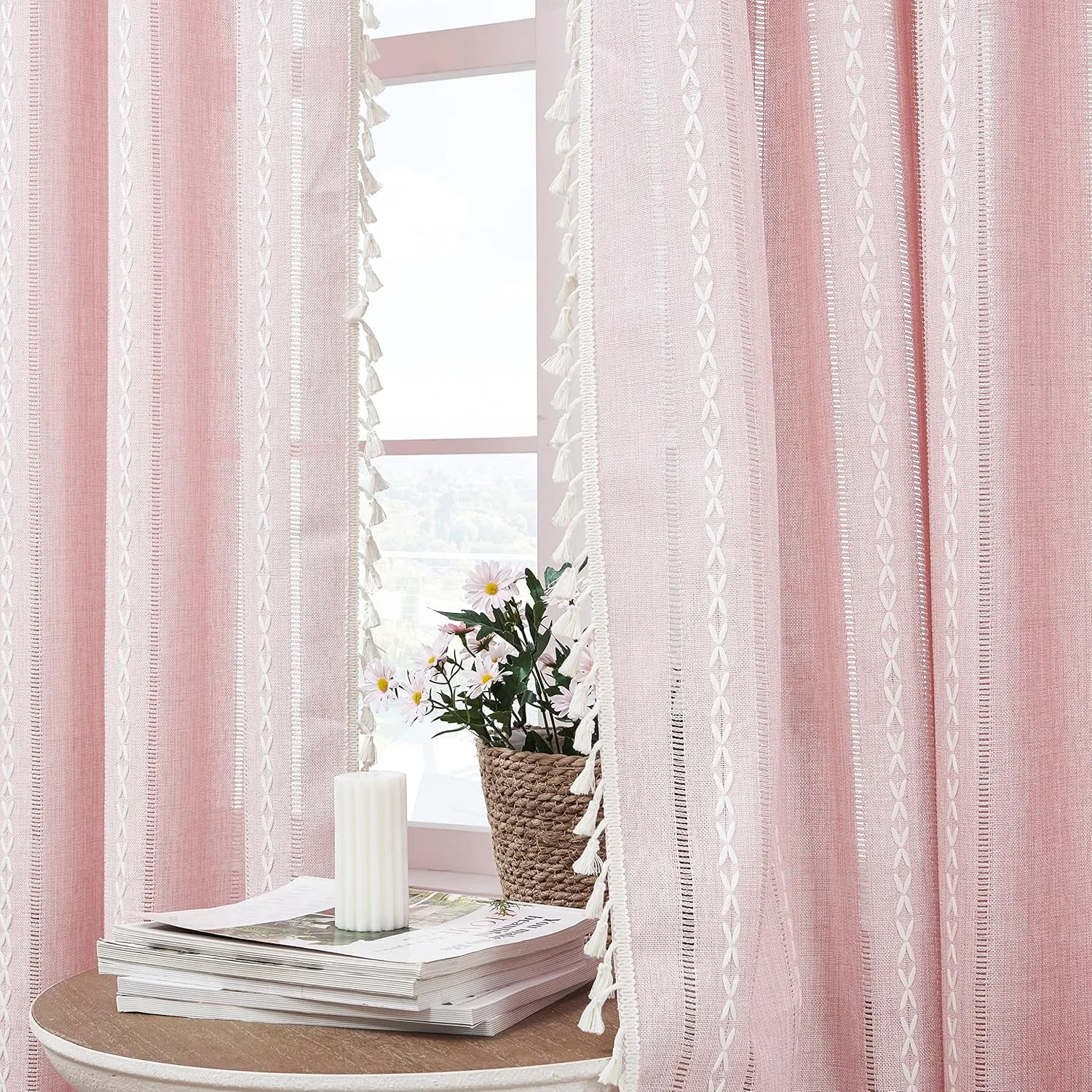 Linen Boho Curtains Cute Embroidered Pink Curtains for Girls Bedroom Nursery Room 84 Inches Long 2 Panels Light filtering Farmhouse Curtains for Living Room Rod Pocket Drapes (52" W x 84" L,Pink)