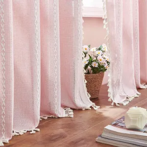 Linen Boho Curtains Cute Embroidered Pink Curtains for Girls Bedroom Nursery Room 84 Inches Long 2 Panels Light filtering Farmhouse Curtains for Living Room Rod Pocket Drapes (52" W x 84" L,Pink)