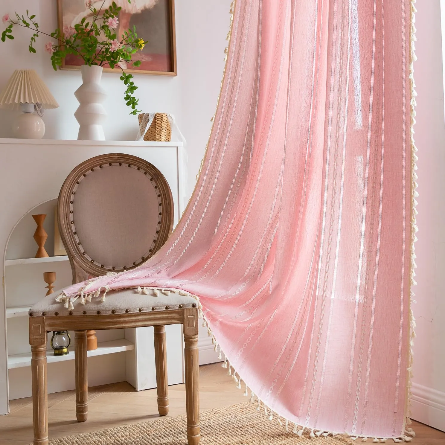 Linen Boho Curtains Cute Embroidered Pink Curtains for Girls Bedroom Nursery Room 84 Inches Long 2 Panels Light filtering Farmhouse Curtains for Living Room Rod Pocket Drapes (52" W x 84" L,Pink)