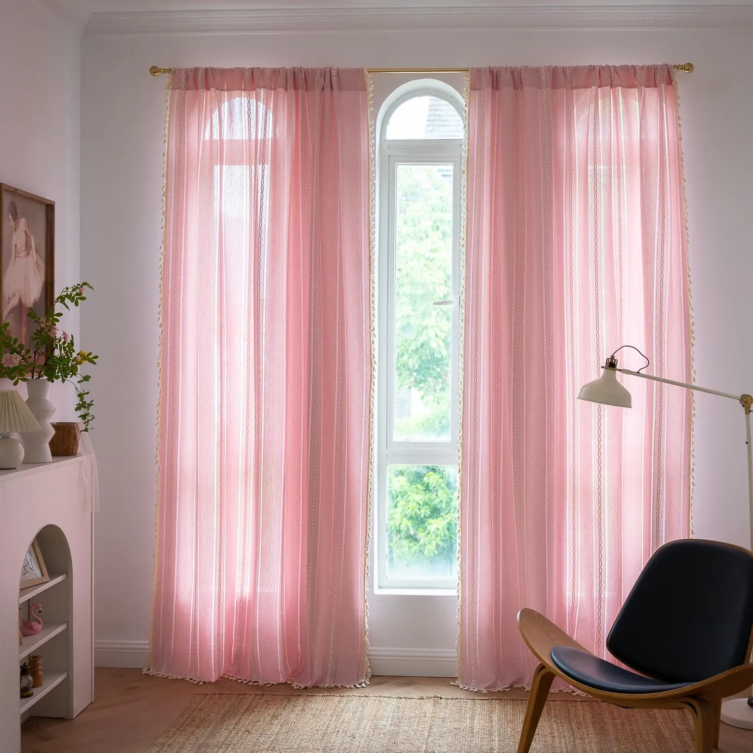 Linen Boho Curtains Cute Embroidered Pink Curtains for Girls Bedroom Nursery Room 84 Inches Long 2 Panels Light filtering Farmhouse Curtains for Living Room Rod Pocket Drapes (52" W x 84" L,Pink)