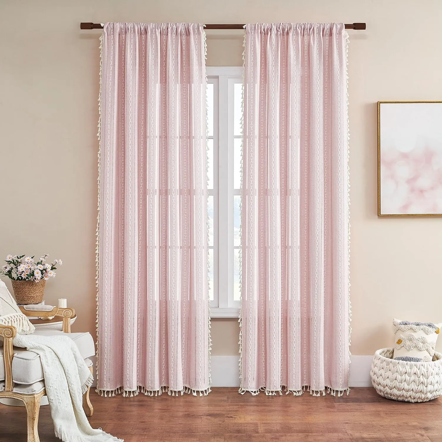 Linen Boho Curtains Cute Embroidered Pink Curtains for Girls Bedroom Nursery Room 84 Inches Long 2 Panels Light filtering Farmhouse Curtains for Living Room Rod Pocket Drapes (52" W x 84" L,Pink)