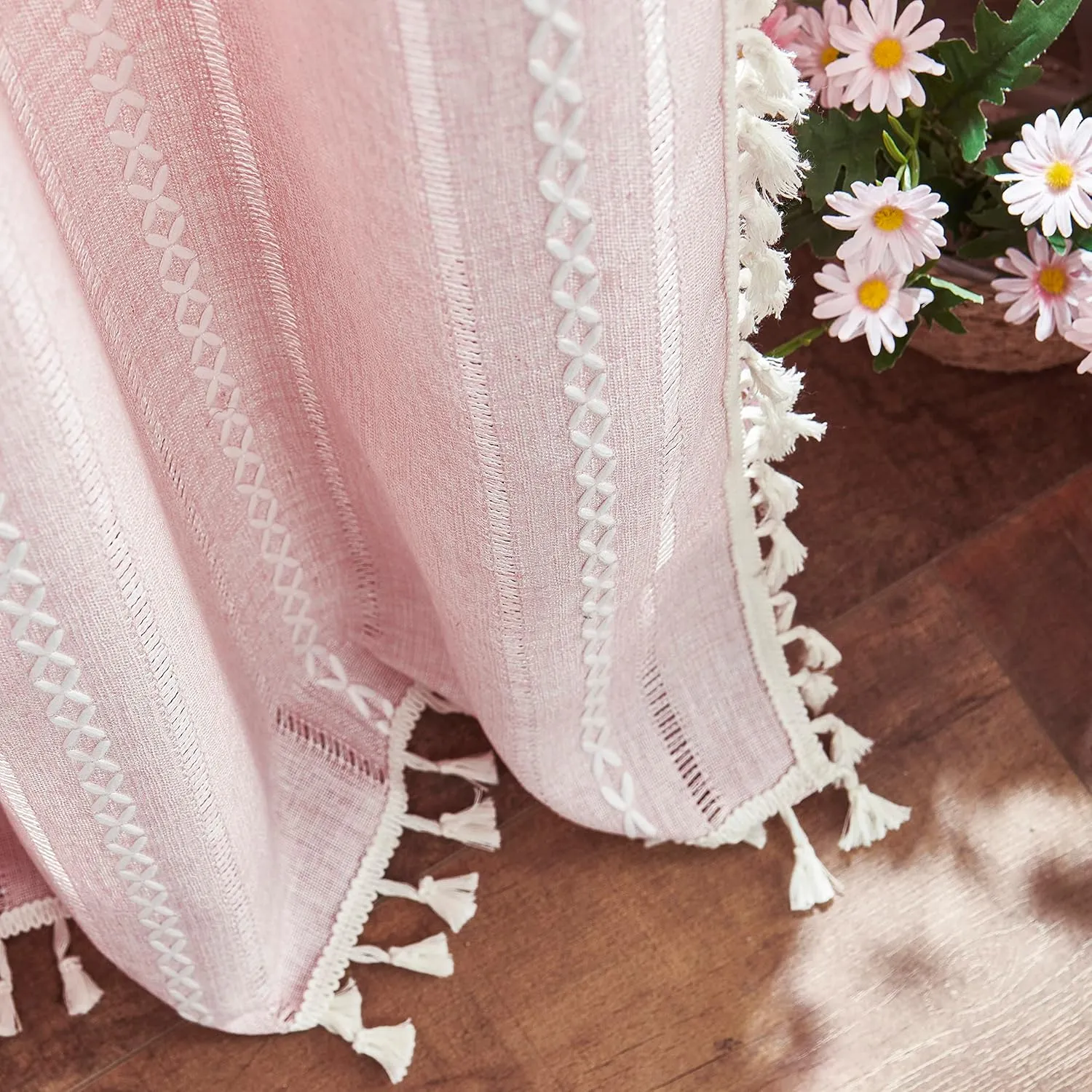 Linen Boho Curtains Cute Embroidered Pink Curtains for Girls Bedroom Nursery Room 84 Inches Long 2 Panels Light filtering Farmhouse Curtains for Living Room Rod Pocket Drapes (52" W x 84" L,Pink)