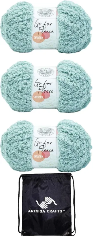 Lion Brand Go for Fleece Sherpa Seafoam 937-108 (3-Skeins - Same Dye Lot) Jumbo #7 Polyester Yarn for Crocheting and Knitting with Project Bag