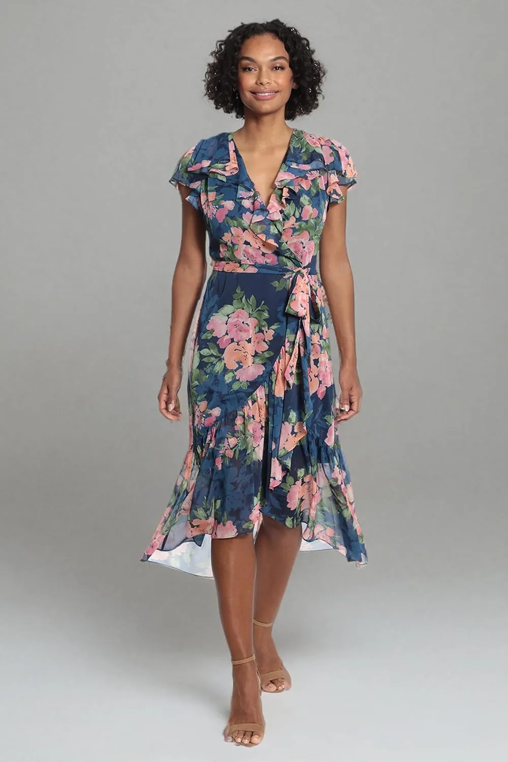 London Times Women's Soft Feminine Ruffle Wrap High Low Dress with Arm Coverage