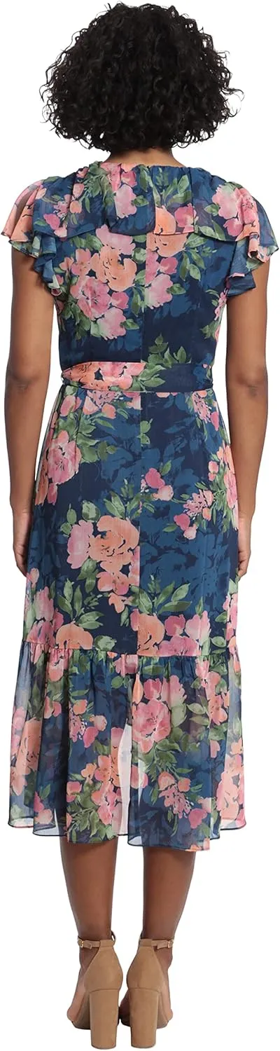 London Times Women's Soft Feminine Ruffle Wrap High Low Dress with Arm Coverage