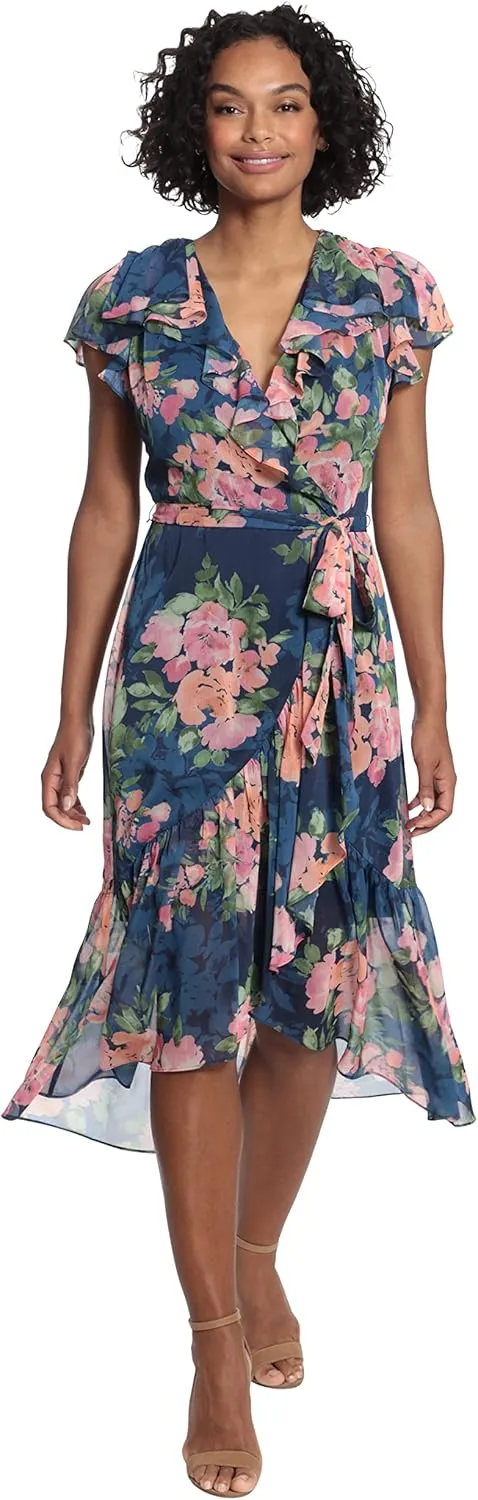 London Times Women's Soft Feminine Ruffle Wrap High Low Dress with Arm Coverage
