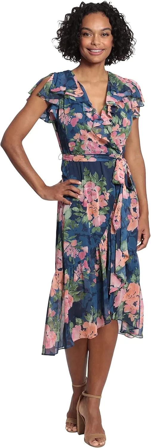 London Times Women's Soft Feminine Ruffle Wrap High Low Dress with Arm Coverage