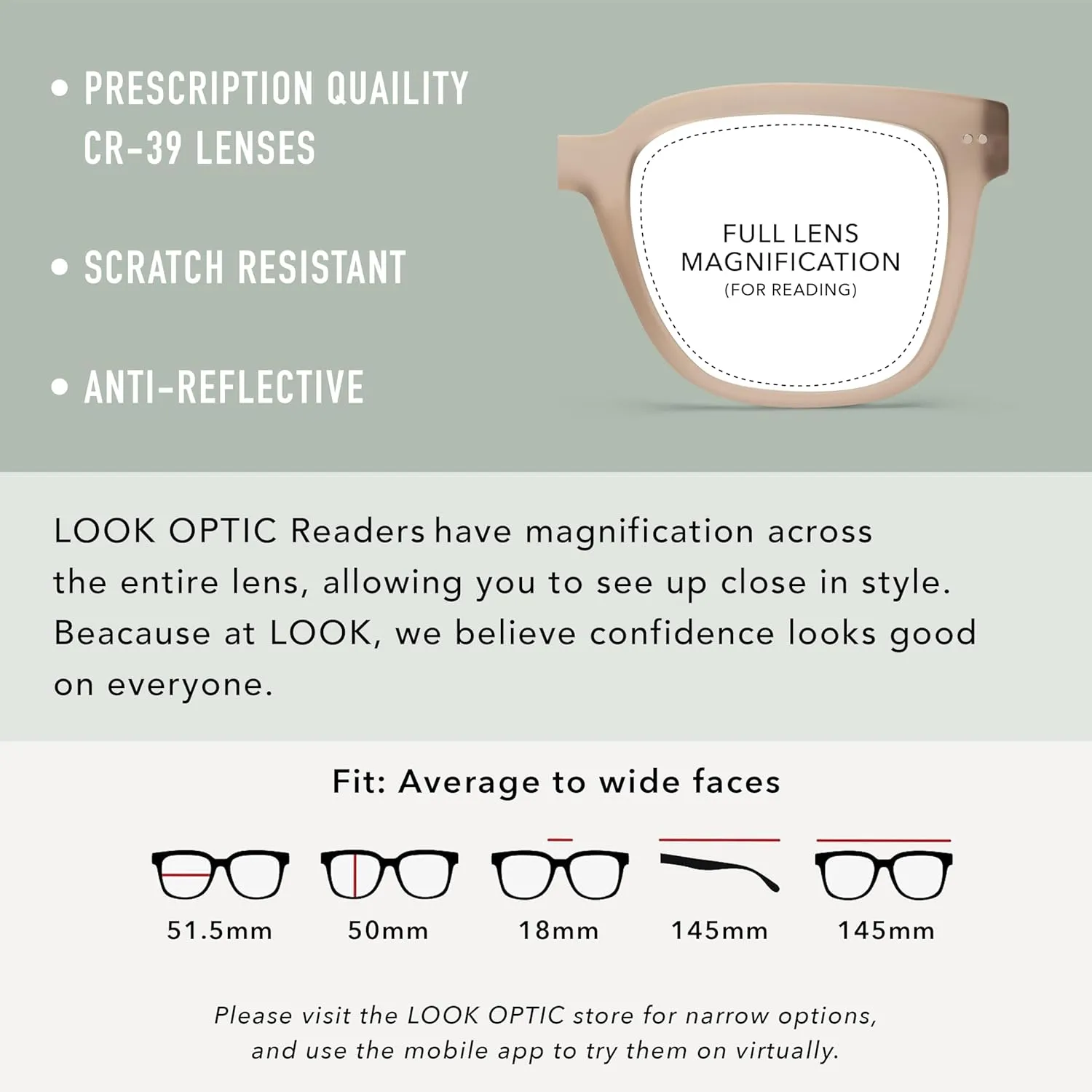 LOOK OPTIC Laurel Reader-Lightweight Full Magnification Reading Glasses with Scratch-Resistant Anti-Reflective Lenses
