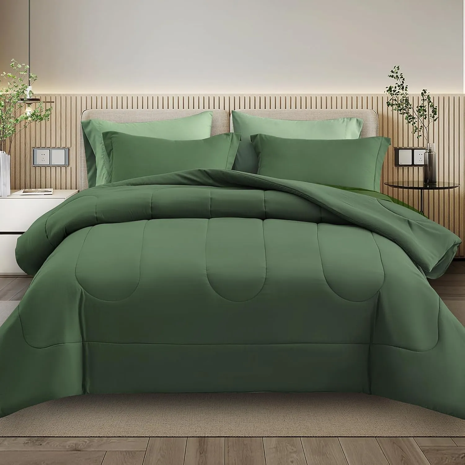Maple&Stone Queen Size Comforter Set 7 Pieces Bed in a Bag - Down Alternative Bed Set with Sheets, Pillowcases & Shams, Soft Reversible Duvet Insert for Queen Bed, Olive Green