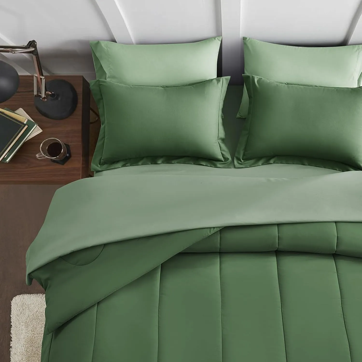 Maple&Stone Queen Size Comforter Set 7 Pieces Bed in a Bag - Down Alternative Bed Set with Sheets, Pillowcases & Shams, Soft Reversible Duvet Insert for Queen Bed, Olive Green