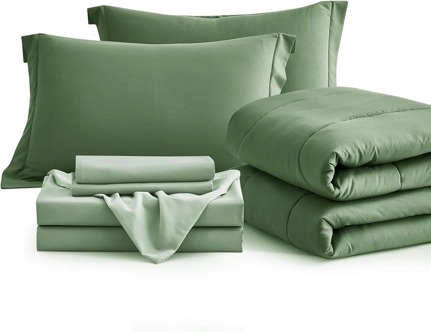 Maple&Stone Queen Size Comforter Set 7 Pieces Bed in a Bag - Down Alternative Bed Set with Sheets, Pillowcases & Shams, Soft Reversible Duvet Insert for Queen Bed, Olive Green