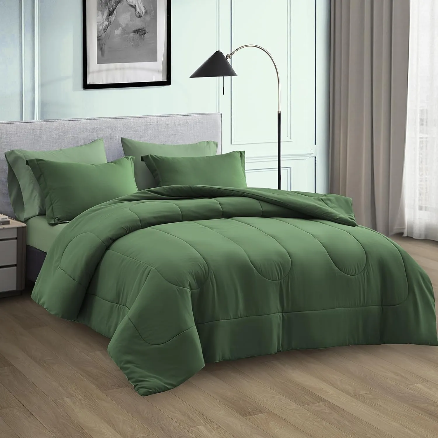 Maple&Stone Queen Size Comforter Set 7 Pieces Bed in a Bag - Down Alternative Bed Set with Sheets, Pillowcases & Shams, Soft Reversible Duvet Insert for Queen Bed, Olive Green