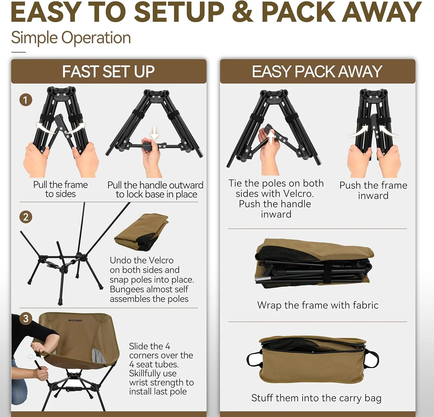 MARCHWAY Lightweight Folding Camping Chair with Spring Lock, Stable Compact Portable for Outdoor Camp, Travel, Beach, Picnic, Festival, Hiking, Backpacking (Lowback Khaki)