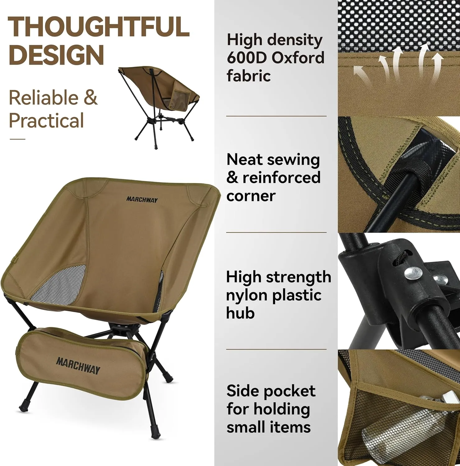 MARCHWAY Lightweight Folding Camping Chair with Spring Lock, Stable Compact Portable for Outdoor Camp, Travel, Beach, Picnic, Festival, Hiking, Backpacking (Lowback Khaki)