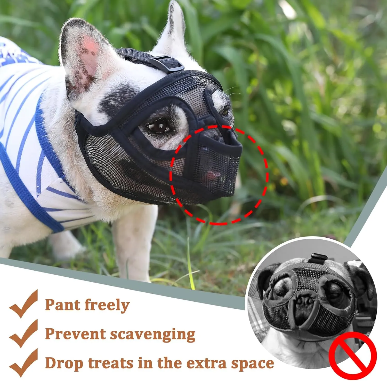 Mayerzon Short Snout Dog Muzzle for French Bulldog with Full Pant Design to Prevent Eating Biting, Soft Mesh Dog Muzzle for Shih Tzu Pug English Bulldog for Grooming Walking, Allow to Drink and Feed