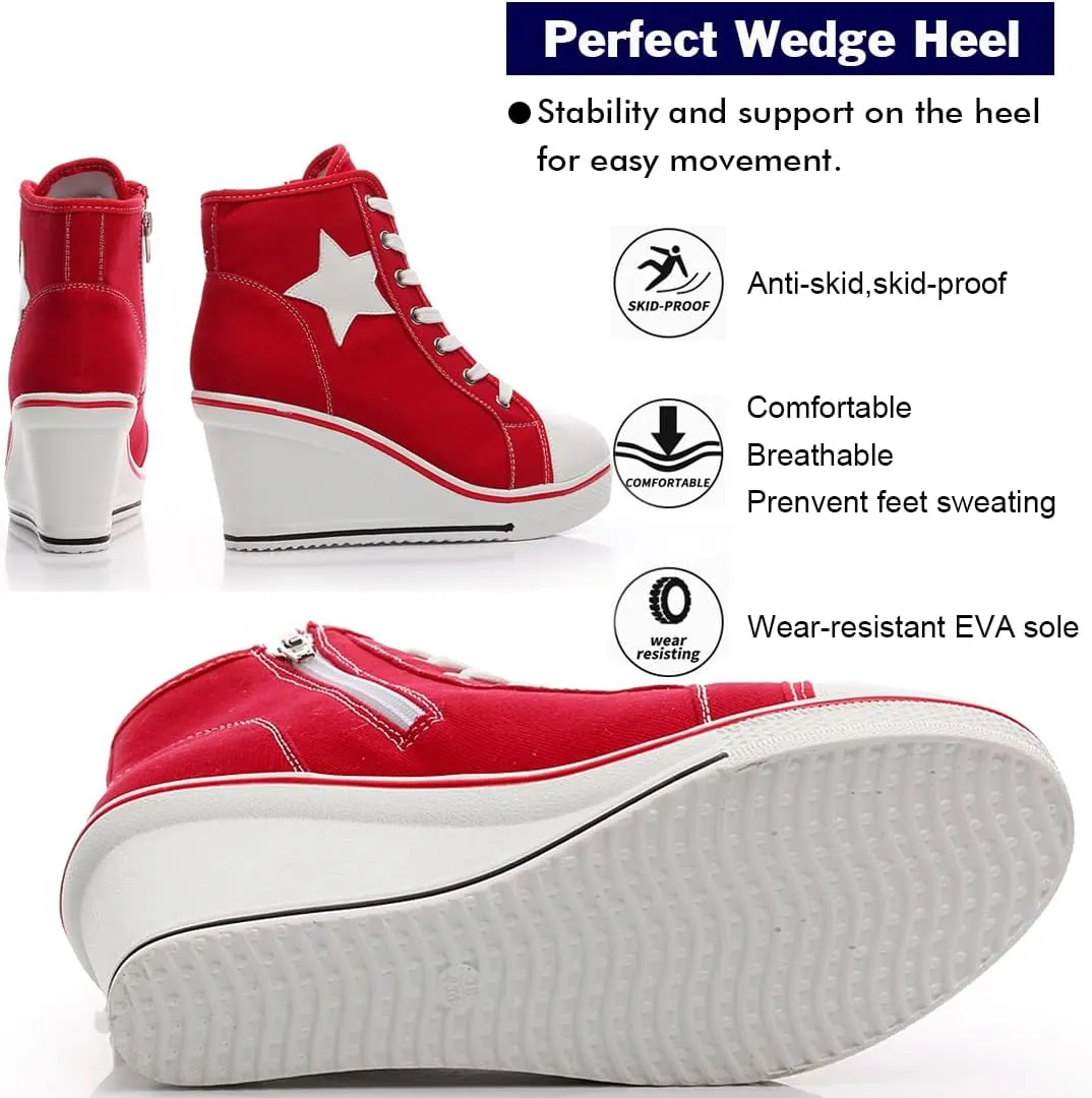 Mei MACLEOD High Heel Wedge Sneakers for Women Casual Lace Up Canvas Shoes for Ladies Platform Wedge Shoes AnkleBooties