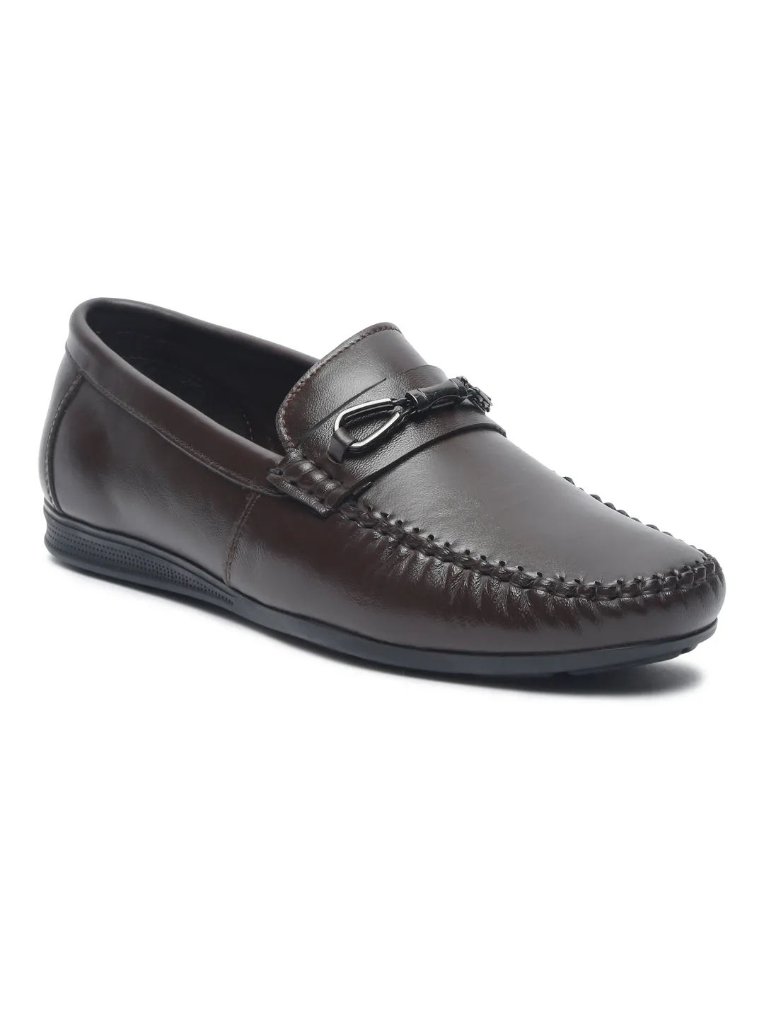 Men Brown Solid Leather Formal Slip-On