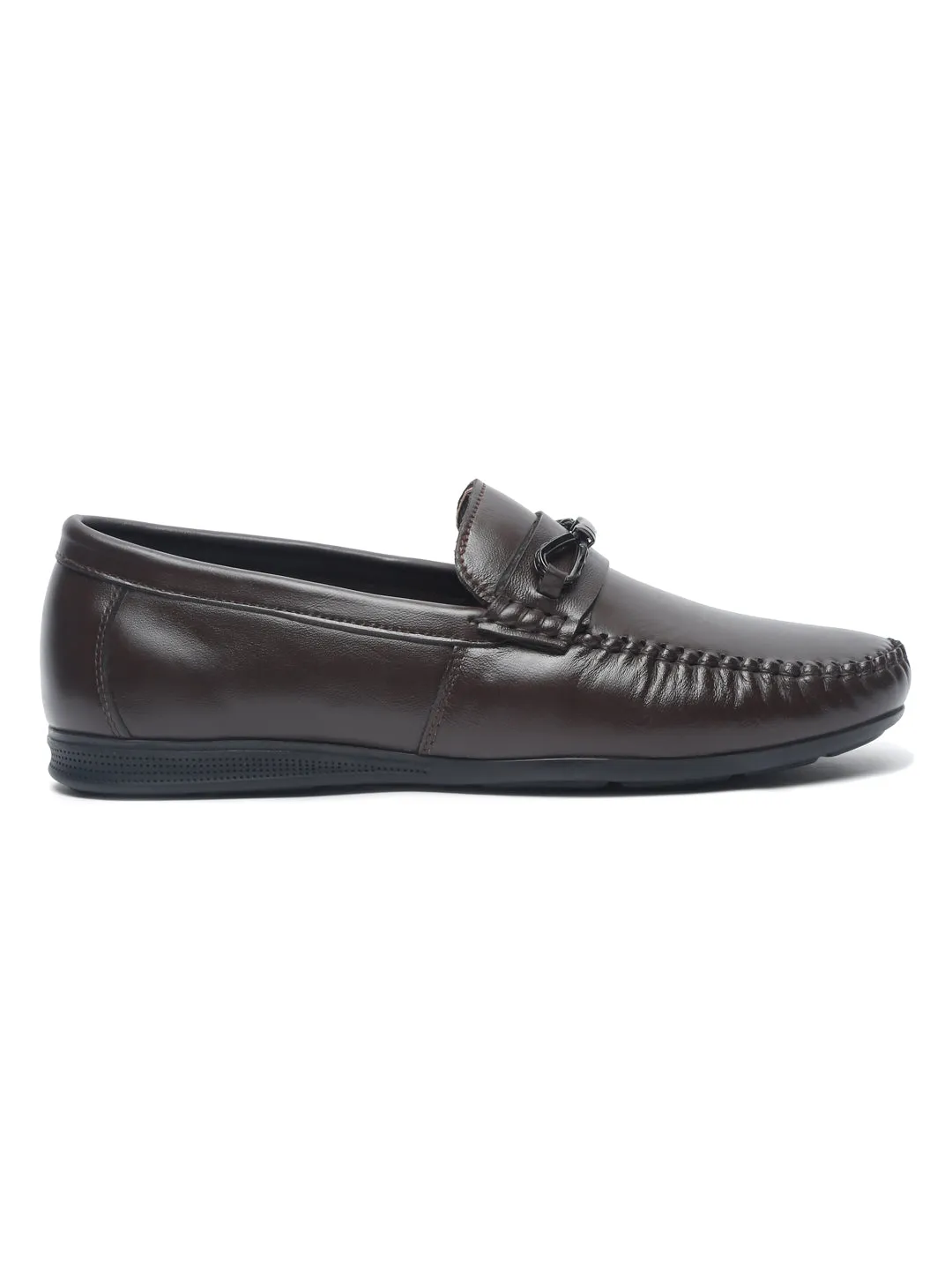Men Brown Solid Leather Formal Slip-On