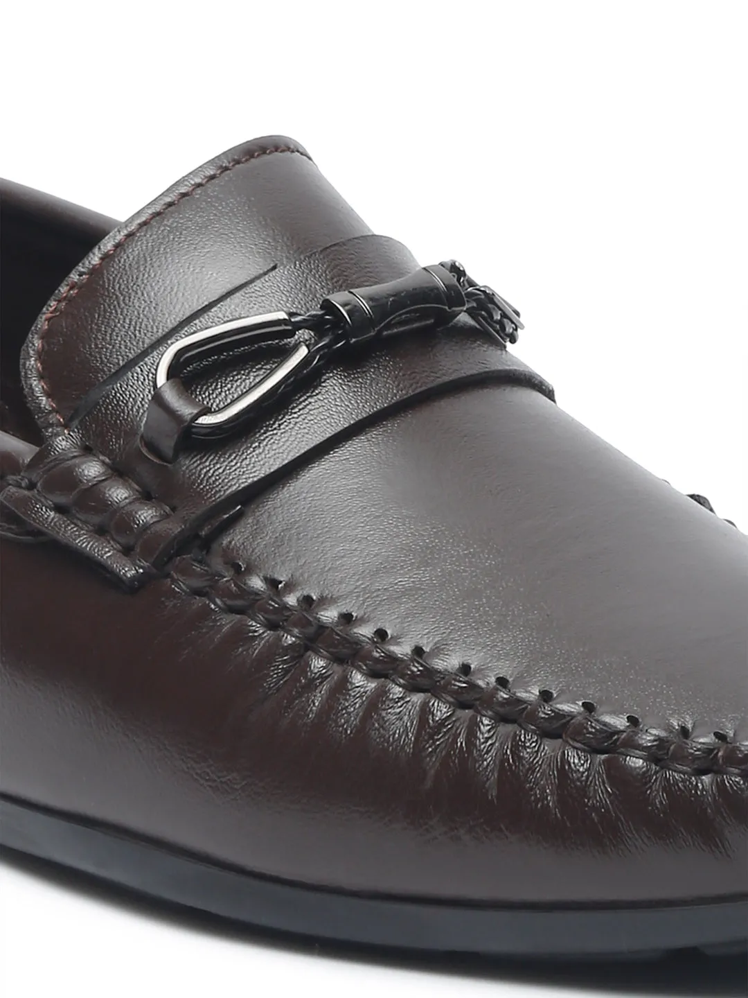 Men Brown Solid Leather Formal Slip-On