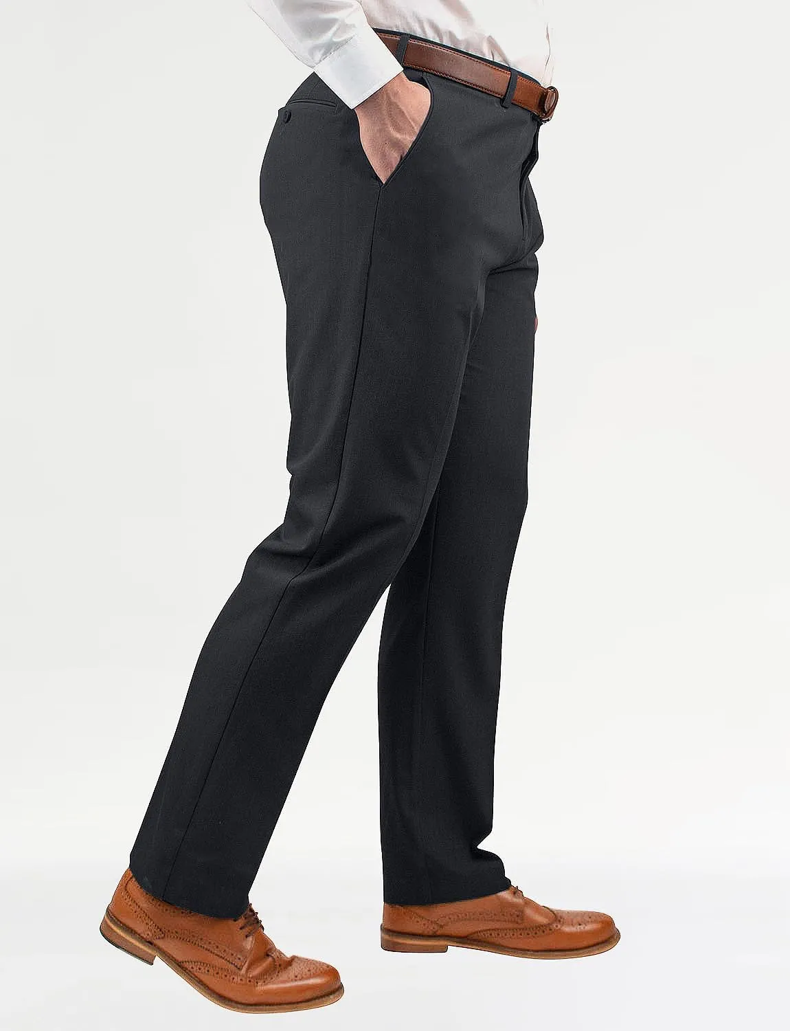 Men's 4 Way Stretch Trousers Classic Flat Front, Moisture Wicking & Soft Touch