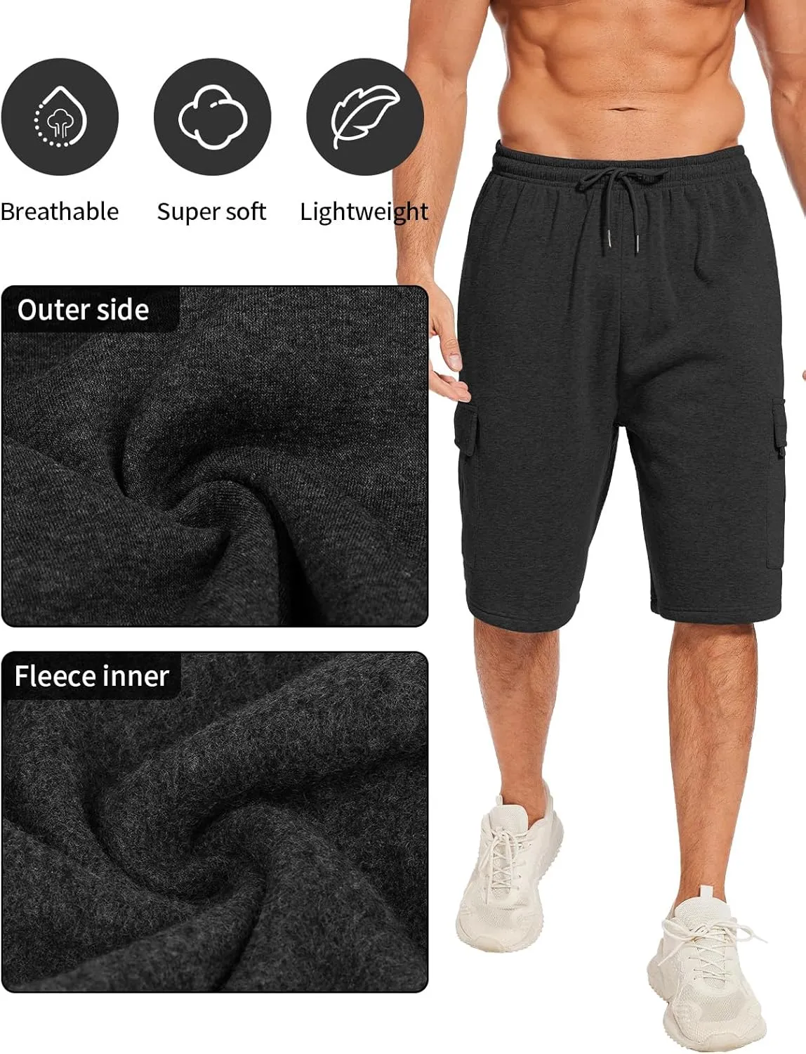 Mens Cargo Sweat Shorts Fleece Casual Athletic Workout Gym Jogger Shorts with 5 Pockets