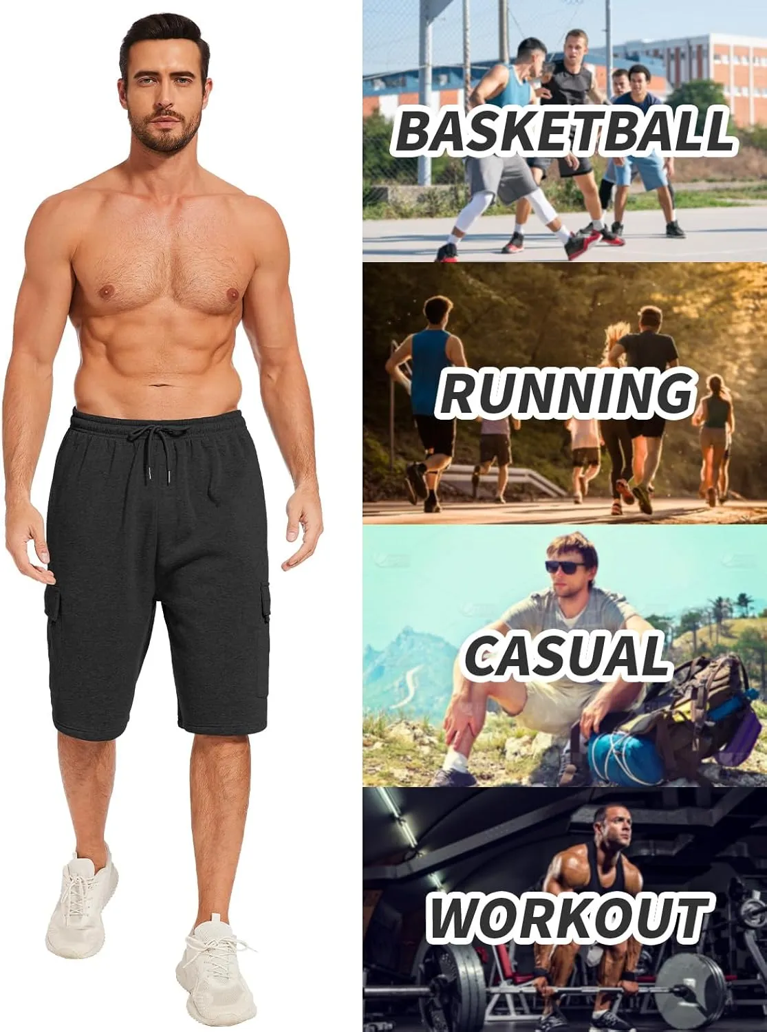 Mens Cargo Sweat Shorts Fleece Casual Athletic Workout Gym Jogger Shorts with 5 Pockets