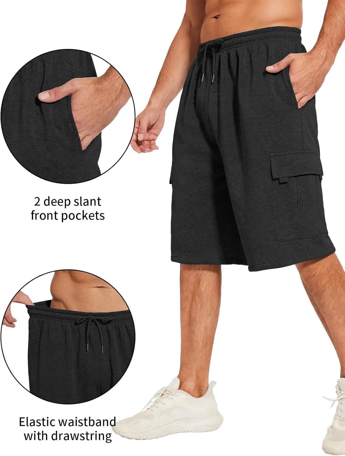 Mens Cargo Sweat Shorts Fleece Casual Athletic Workout Gym Jogger Shorts with 5 Pockets