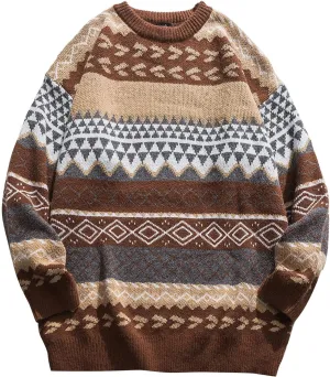 Mens Grassland Cow Vintage Oversize Knitted Sweater Long Sleeve Round Neck Knitted Pullover Jumper Unisex Fall Tops