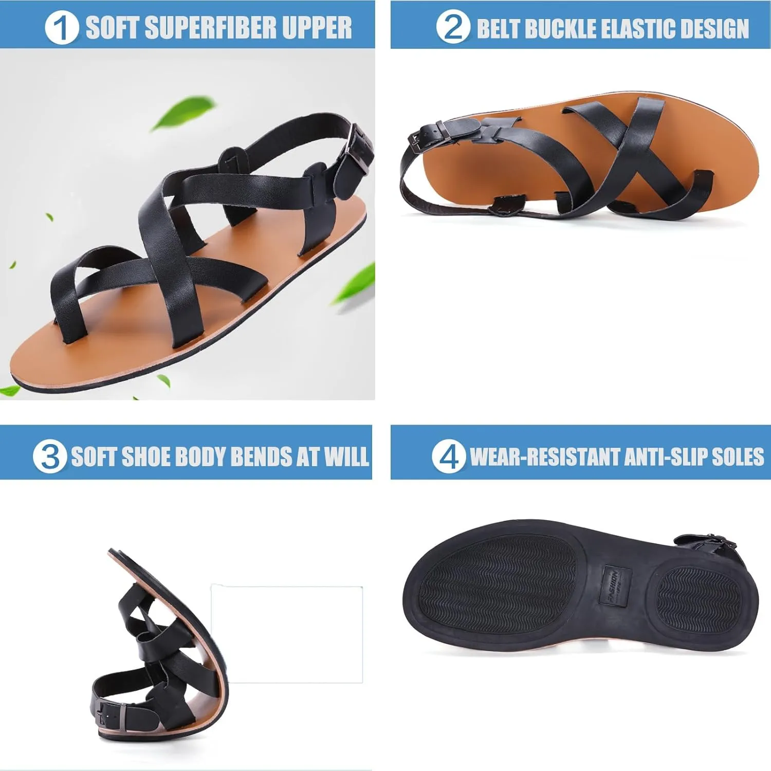 Men's Leather toe ring Flat Gladiator Sandals Fashion Cross Straps Round Open Toe Slip-On Clip Toe Beach Sandals with Adjustable Metal Buckle Summer Casual soft Walking Sandals
