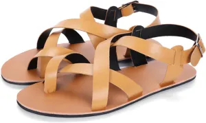 Men's Leather toe ring Flat Gladiator Sandals Fashion Cross Straps Round Open Toe Slip-On Clip Toe Beach Sandals with Adjustable Metal Buckle Summer Casual soft Walking Sandals