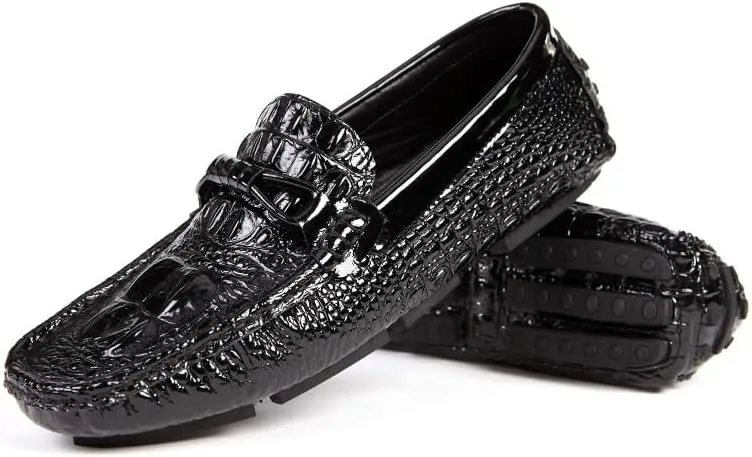 Mens Loafers Round Toe Crocodile Print Driving Style Loafer Anti-Slip Lightweight Comfortable Casual Slip On