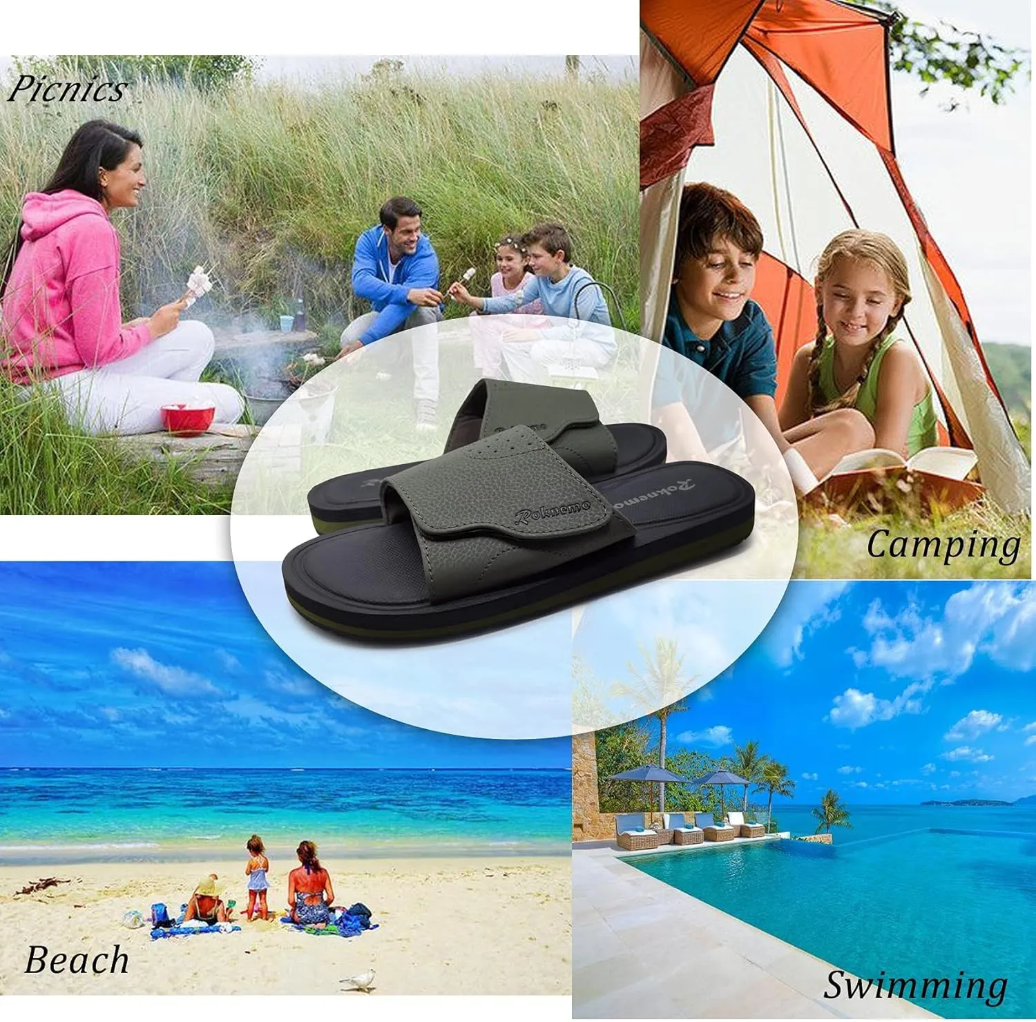 Mens Slide Sandals Adjustable Athletic Casual Comfort Lightweight Open Toe Slides Sport Sandals with Memory Foam Soft Cushion Footbed