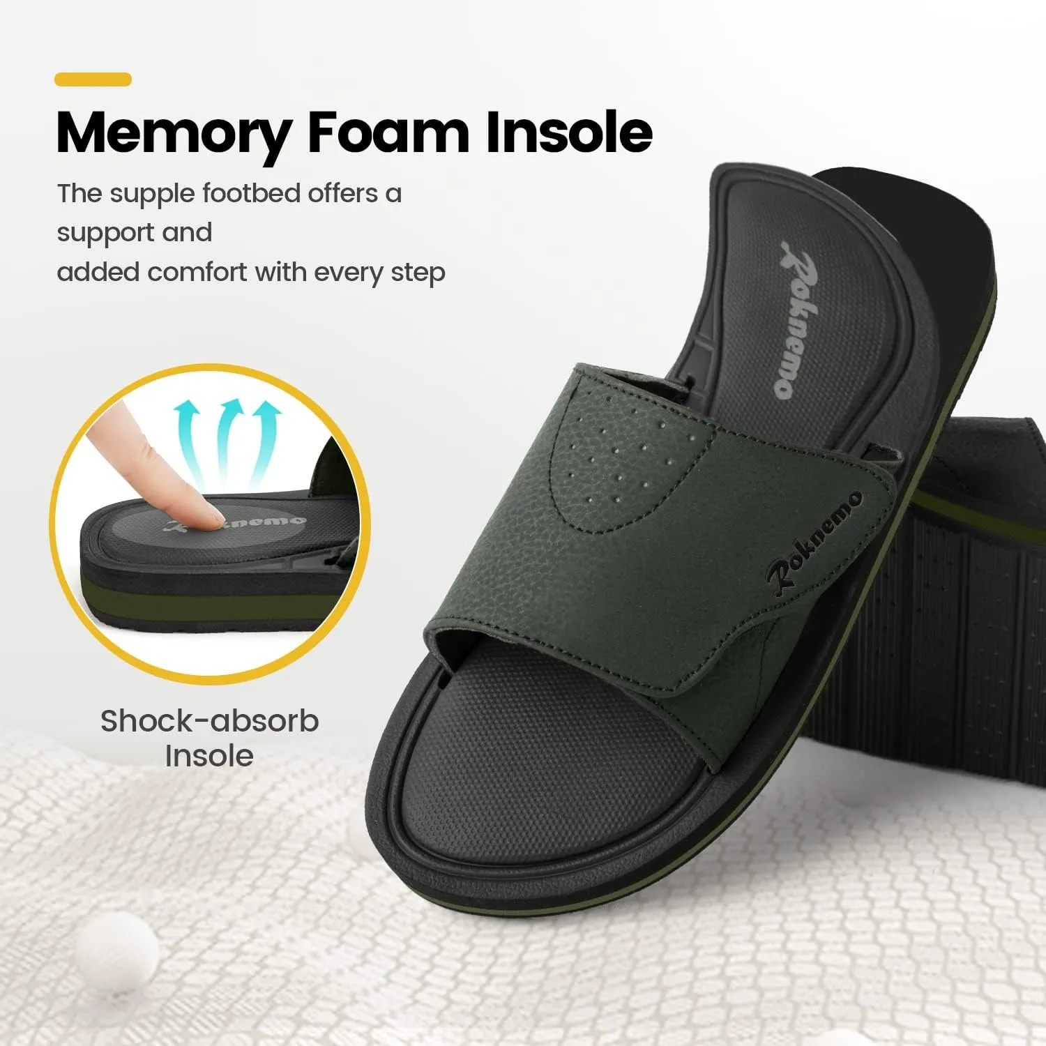 Mens Slide Sandals Adjustable Athletic Casual Comfort Lightweight Open Toe Slides Sport Sandals with Memory Foam Soft Cushion Footbed