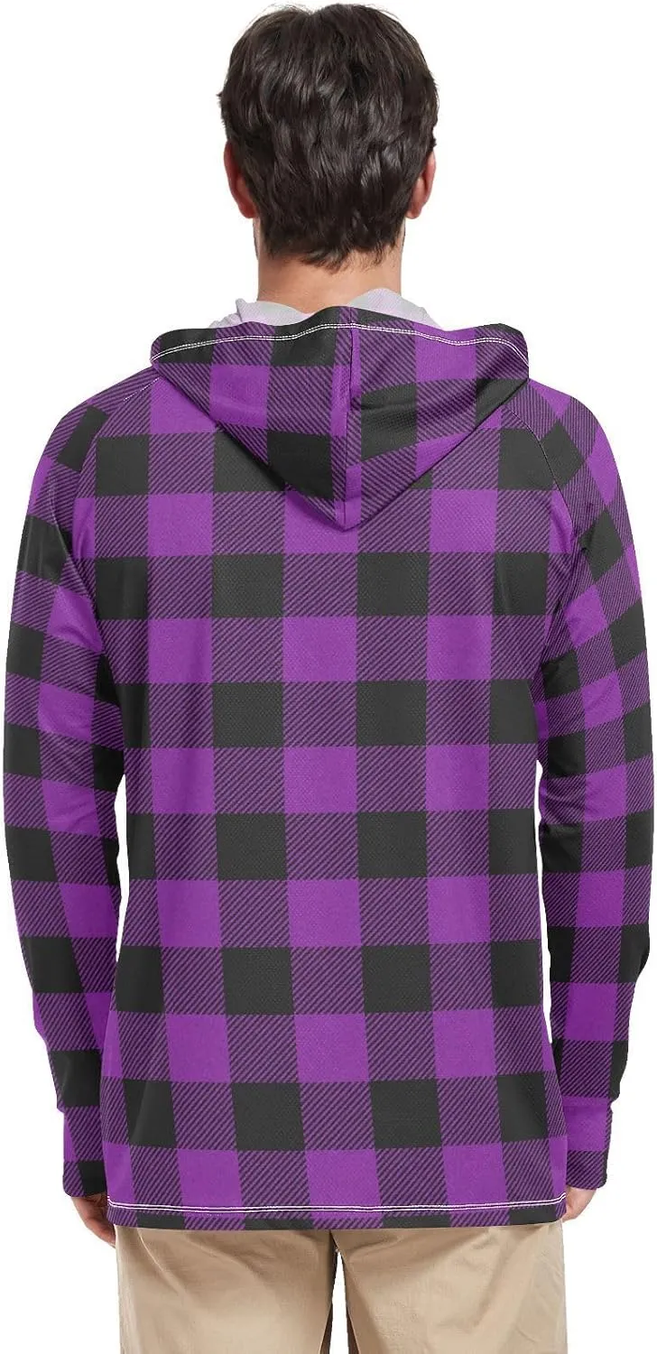 Men's Sun Shirt Hoodie Long Sleeve Cream Plaid UPF 50   Mens Sun Shirts Cooling Hoodies UV Rash Guard with Hood