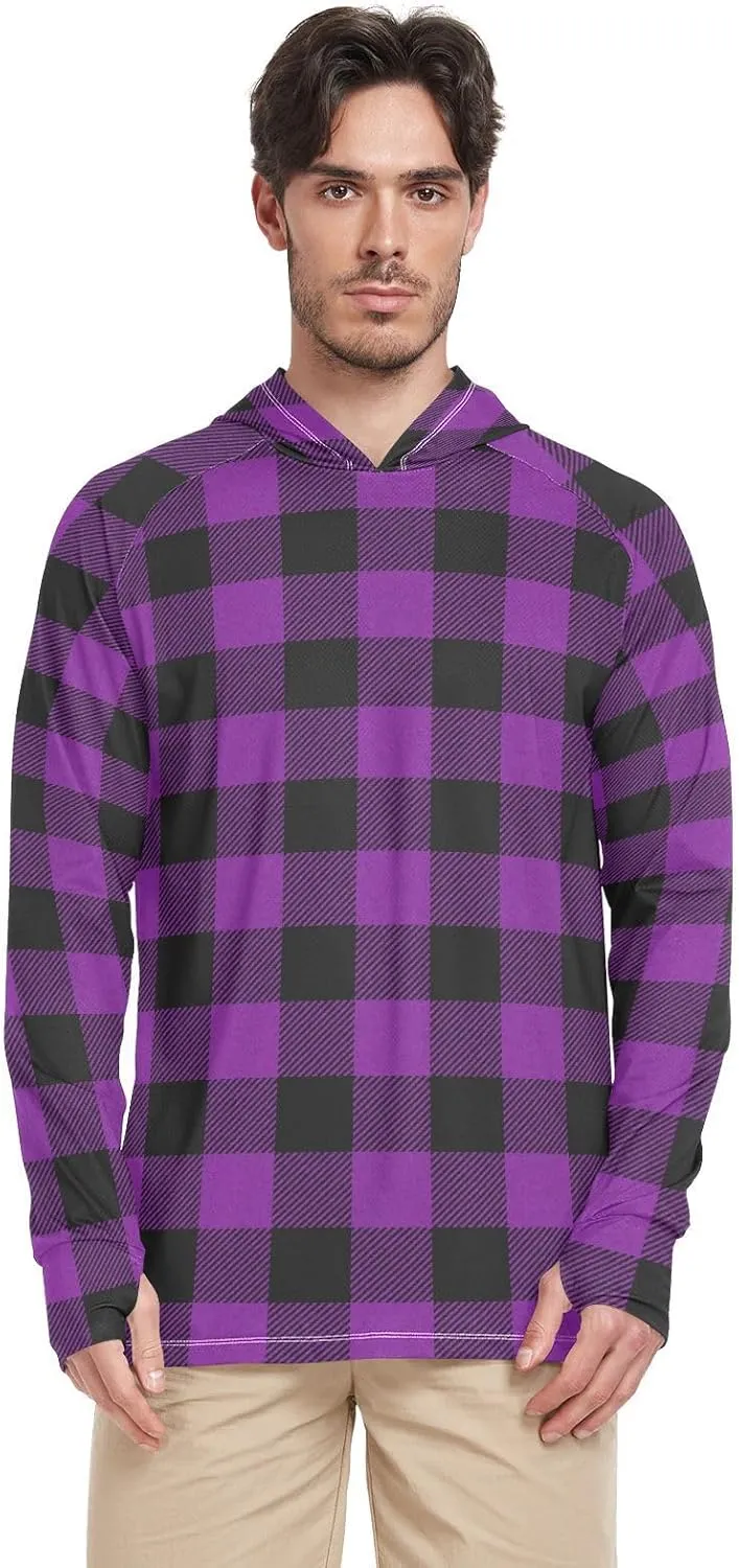 Men's Sun Shirt Hoodie Long Sleeve Cream Plaid UPF 50   Mens Sun Shirts Cooling Hoodies UV Rash Guard with Hood