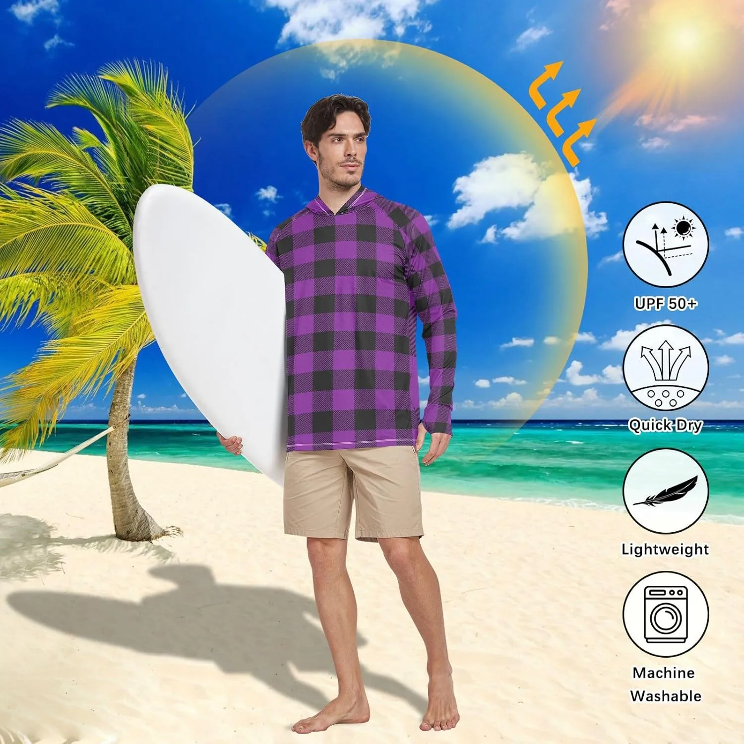 Men's Sun Shirt Hoodie Long Sleeve Cream Plaid UPF 50   Mens Sun Shirts Cooling Hoodies UV Rash Guard with Hood