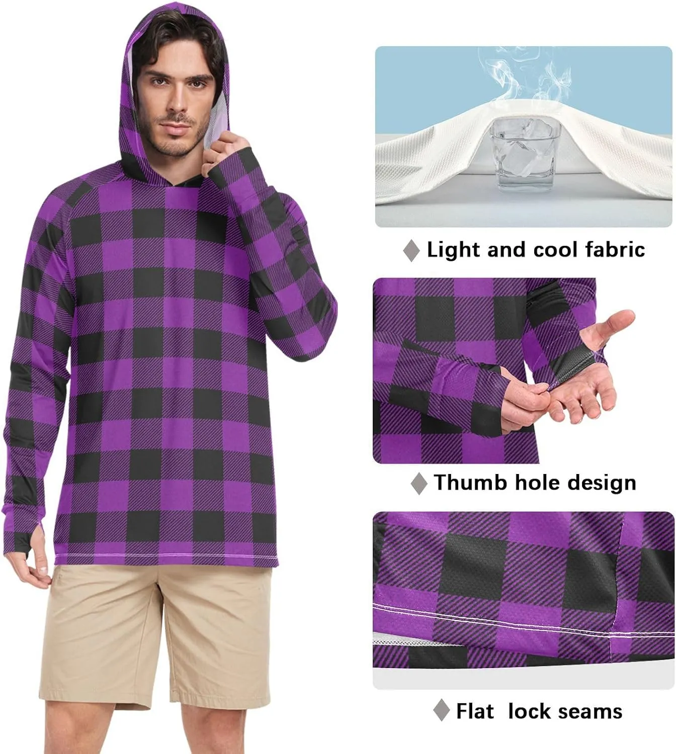 Men's Sun Shirt Hoodie Long Sleeve Cream Plaid UPF 50   Mens Sun Shirts Cooling Hoodies UV Rash Guard with Hood