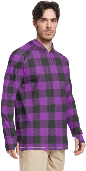 Men's Sun Shirt Hoodie Long Sleeve Cream Plaid UPF 50   Mens Sun Shirts Cooling Hoodies UV Rash Guard with Hood