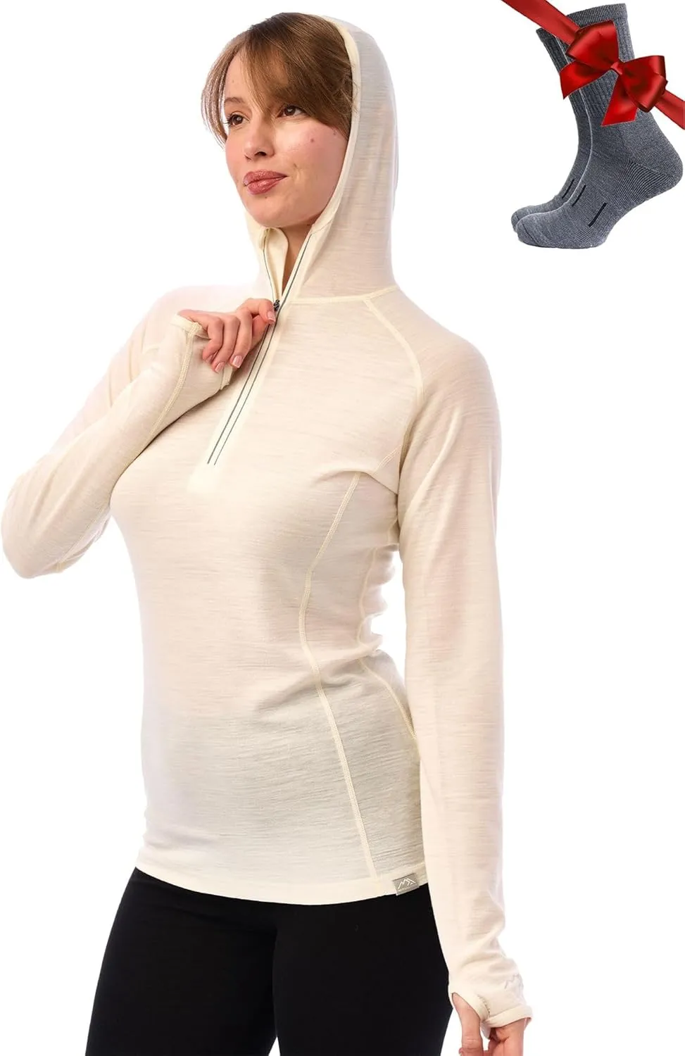 Merino.tech Merino Wool Hoodie Women - Slim Fit 100% Merino Wool Base Layer Women Half Zip Thermal Long Sleeve Shirt & Socks