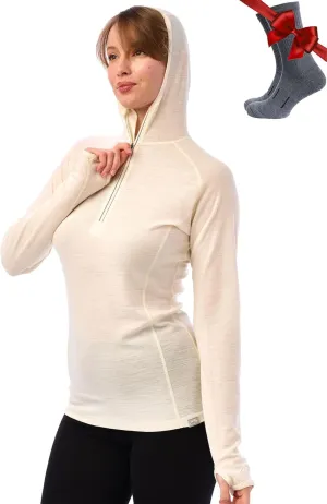 Merino.tech Merino Wool Hoodie Women - Slim Fit 100% Merino Wool Base Layer Women Half Zip Thermal Long Sleeve Shirt & Socks