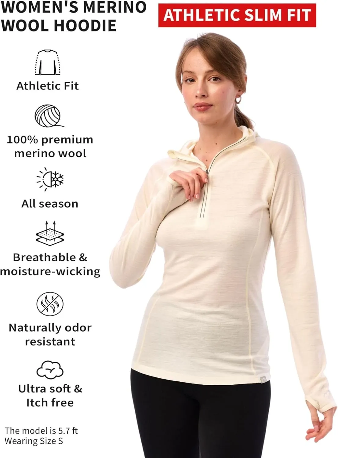 Merino.tech Merino Wool Hoodie Women - Slim Fit 100% Merino Wool Base Layer Women Half Zip Thermal Long Sleeve Shirt & Socks