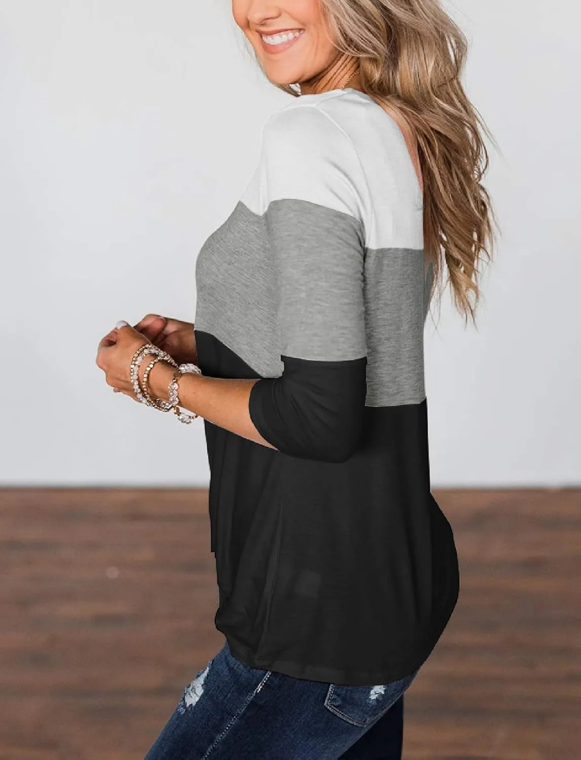 Minthunter Women's Half Sleeve T Shirts Casual Color Block Round Neck Spring Tops