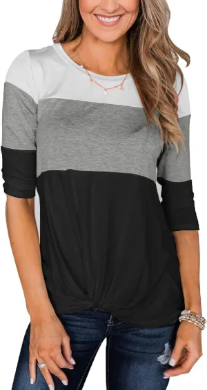 Minthunter Women's Half Sleeve T Shirts Casual Color Block Round Neck Spring Tops