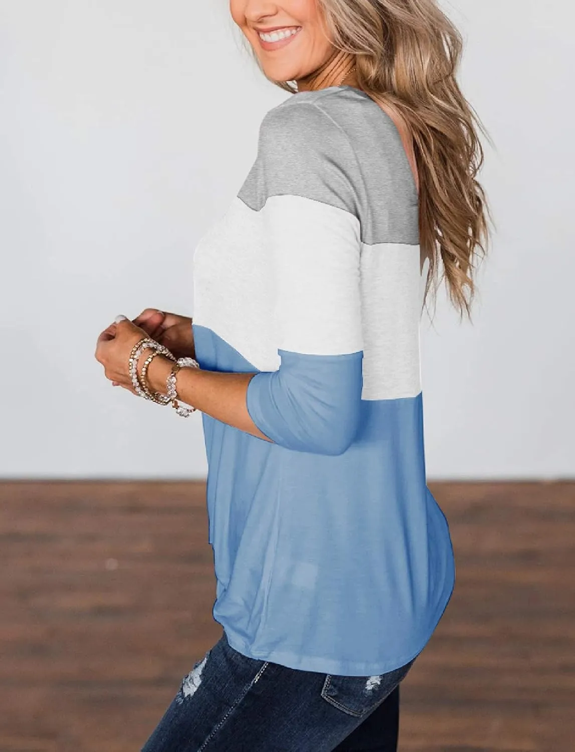Minthunter Women's Half Sleeve T Shirts Casual Color Block Round Neck Spring Tops