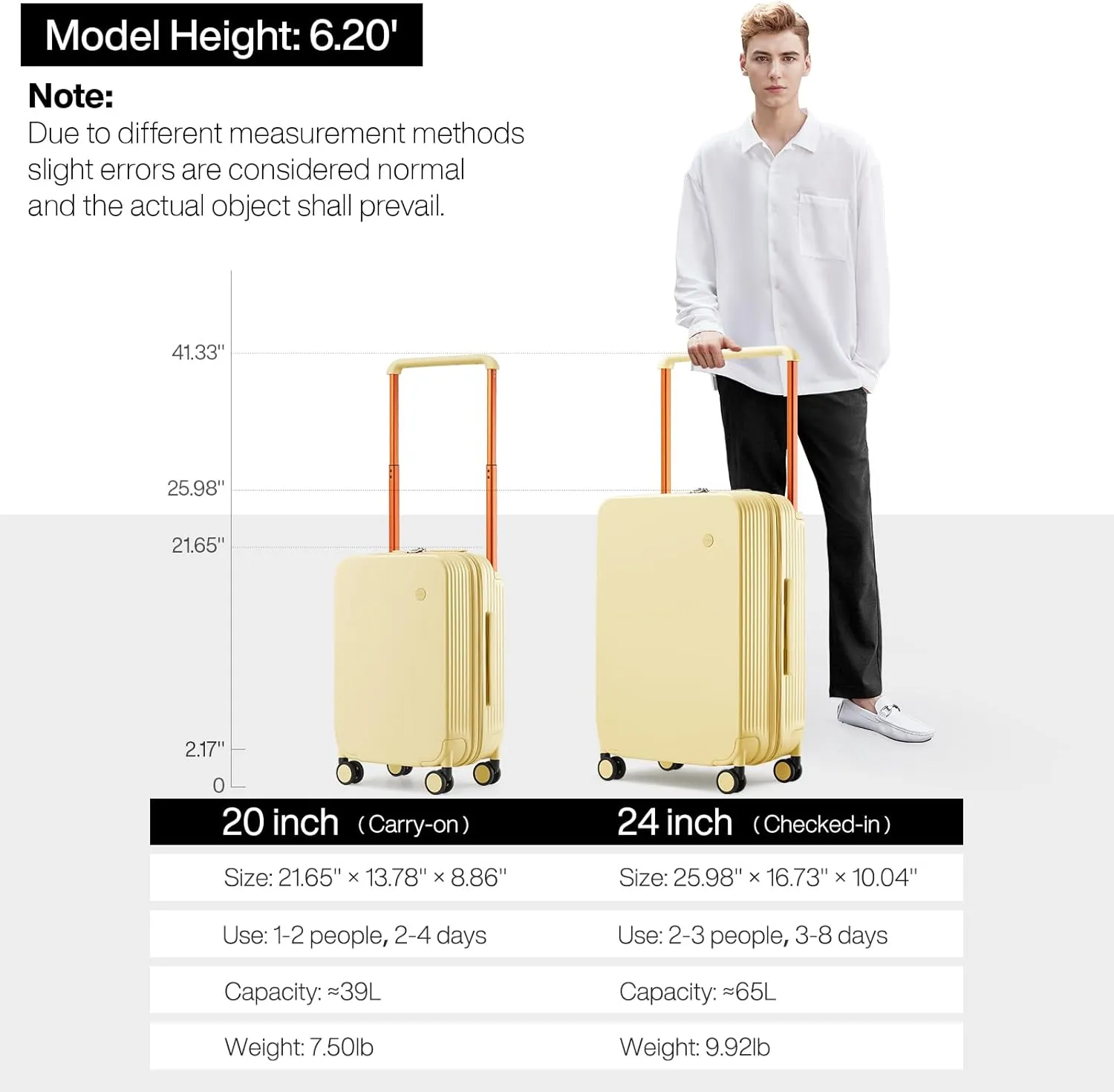 mixi Carry On Luggage Airline Approved Wide Handle Lightweight Luggage PC Hard Shell Suitcases Rolling Suitcases with Spinner Wheels & TSA Lock, 20 Inch Lark Yellow