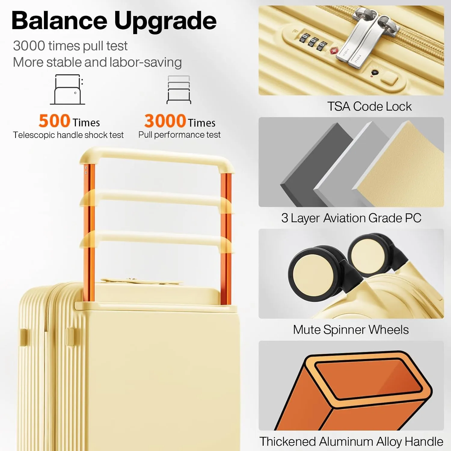 mixi Carry On Luggage Airline Approved Wide Handle Lightweight Luggage PC Hard Shell Suitcases Rolling Suitcases with Spinner Wheels & TSA Lock, 20 Inch Lark Yellow