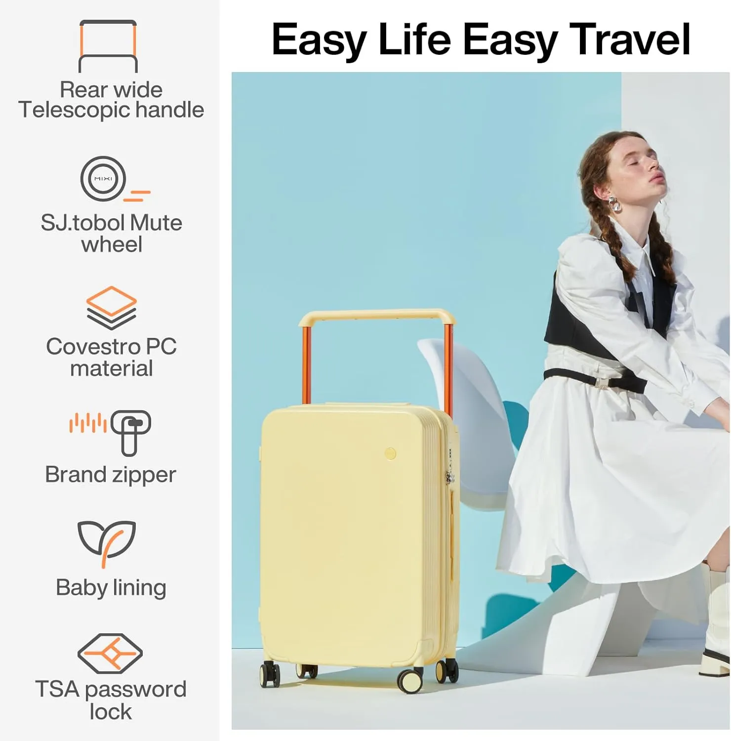 mixi Carry On Luggage Airline Approved Wide Handle Lightweight Luggage PC Hard Shell Suitcases Rolling Suitcases with Spinner Wheels & TSA Lock, 20 Inch Lark Yellow