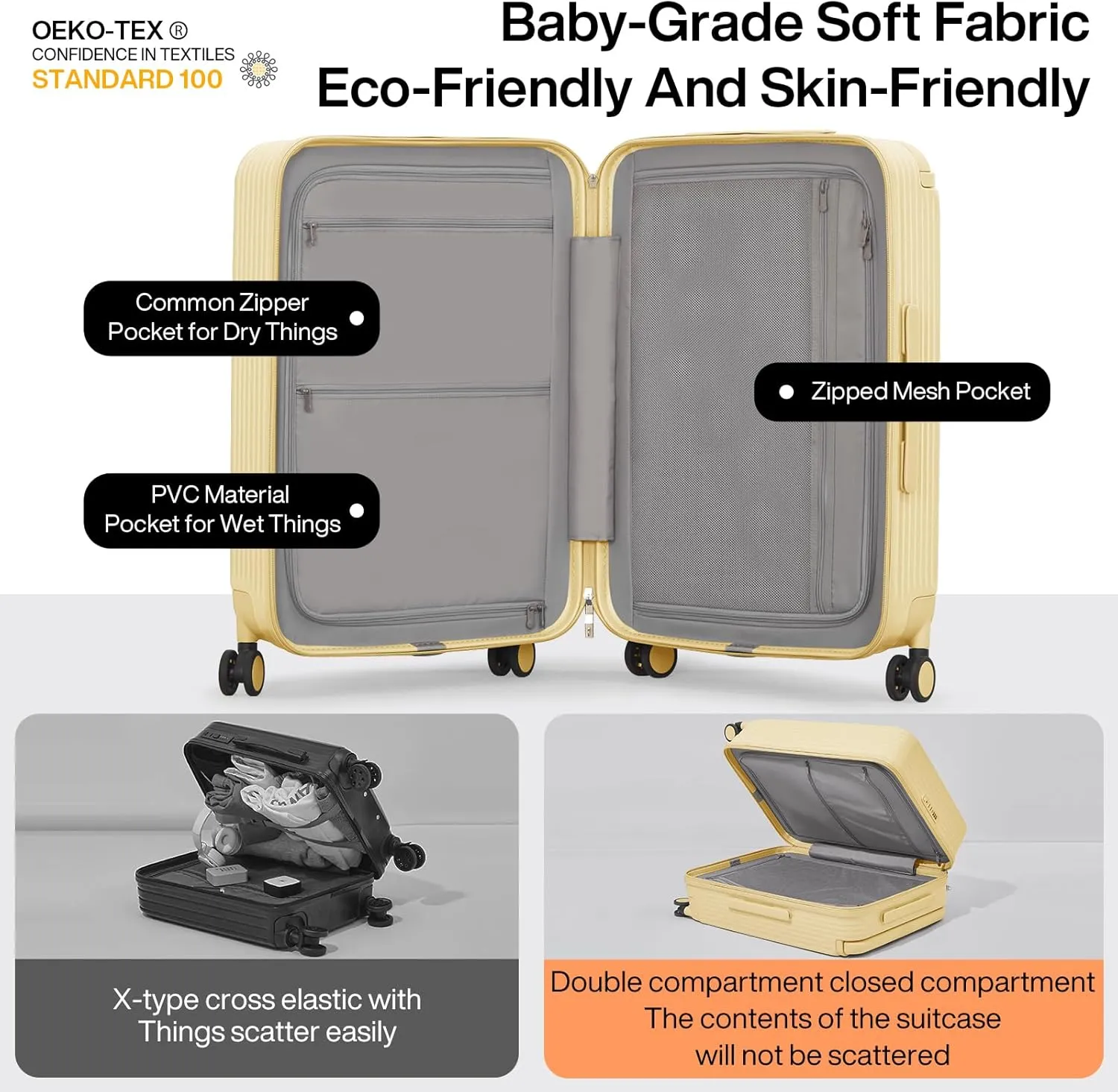 mixi Carry On Luggage Airline Approved Wide Handle Lightweight Luggage PC Hard Shell Suitcases Rolling Suitcases with Spinner Wheels & TSA Lock, 20 Inch Lark Yellow